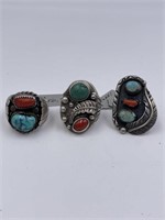 Sterling, Coral, and Turquoise Navajo Rings