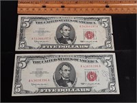 Pair of 1963 $5 Red Seal Notes
