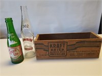 2 Vtg Bottles Cheerup Sunrise & Wood Kraft Box