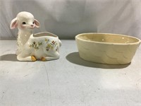 Pottery planters; sheep w/flowers, beige scallop**