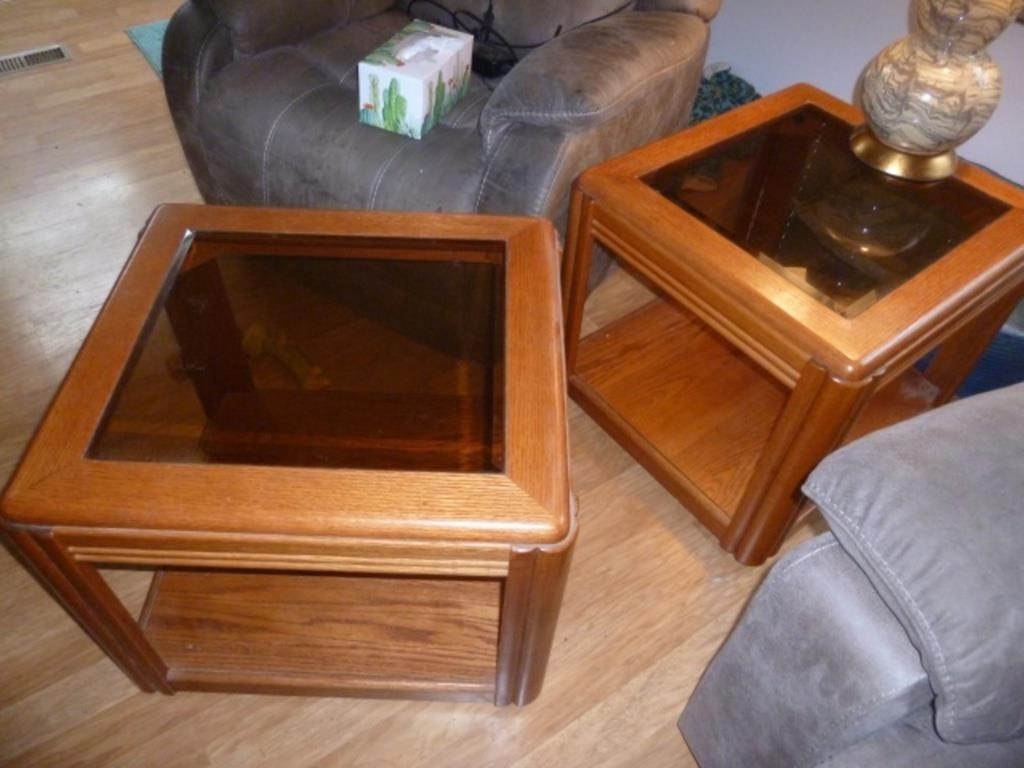 Pair of Bevel Glass Top Side Tables / End Tables
