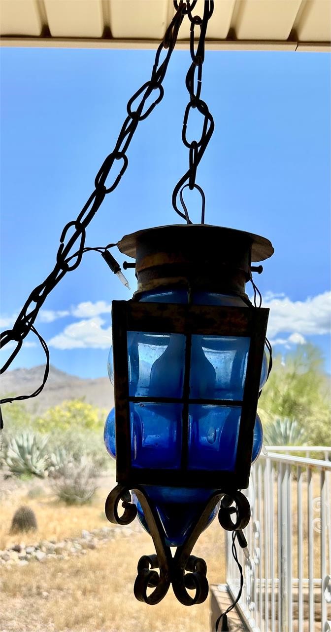 Vintage Lantern Light Figure, Blue Bubble Glass