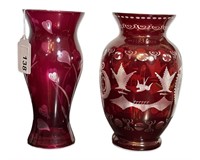 (2) Vintage Bohemian Ruby Red Cut to Clear Vases