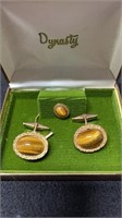 Vintage Dynasty Tiger Eye Cufflinks& Tie Tac Set I