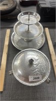 Aluminum, three tier serving tray and pan