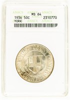 Coin 1946 York Comm. Half Dollar-ANACS-MS64
