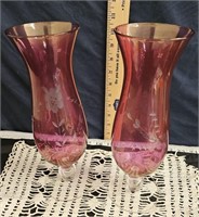 2 tall cranberry etched vases