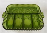 Green Indiana Glass Relish Tray Fruit Design