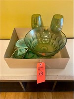 Box lot green glass plates & pedestal bowl
