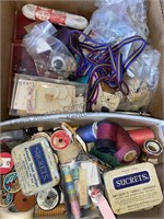 Box of sewing, notions, vintage buttons, and more
