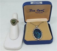 STERLING SILVER RING,SEA OPAL PENDENT NECKLACE