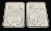 (2) 2021 SILVER AMERICAN EAGLES EAGLE LANDING MS70