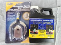 Combustion leak fluid and spray gun holder