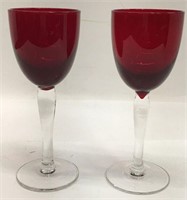 Pair Of Red And Clear Glass Cordials