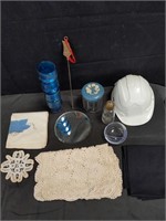 Box of miscellaneous: blue glass cups, mirror,