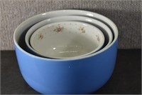 2 Blue Stoneware Mixing Bowls, 1 Hall Mixing Bowl
