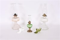 Vtg Oil Lamps, Milk Glass/Green Glass Shoe Decor