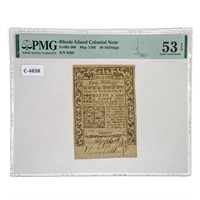 RI-300 MAY 1786 40s COLONIAL NOTE PMG AU-53EPQ