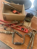 Pipe wrenches, level, brace, misc.