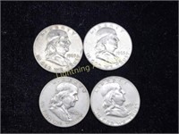 FOUR U.S. FRANKLIN SILVER HALF DOLLARS