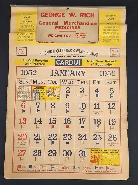 1952 CALENDAR FROM GEORGE W. RICH GENERAL...