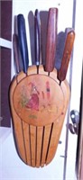 Wood wall knife holder w/ 7 knives
