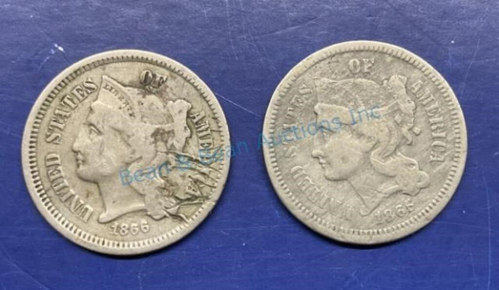 1865, 1866 three cent piece