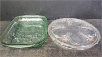 Green Baking Dish and Glass Cake Stand