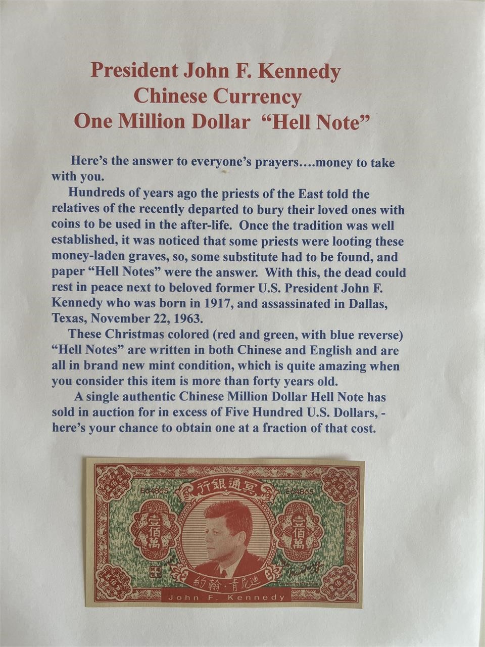 John F. Kennedy Authentic Chinese Hell Note