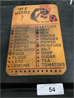 Wooden Black Americana Peg Grocery List Board.