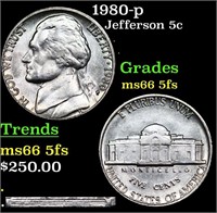 1980-p Jefferson Nickel 5c Grades GEM+ 5fs