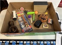 Box of misc. items Pez, Wood Ad Coins+