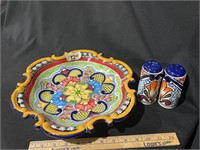 Hand painted in Mexico plate & S&P