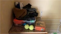 Assorted gloves, hats, tennis balls, and ice clip