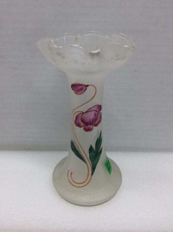 Antique Frosted Glass Vase With Hand Painted