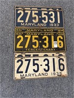 Set of three pair of Maryland plates 1933-35