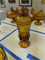 Tall Amber Coin Glass Covered Candy Jar