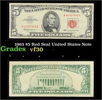 1963 $5 Red Seal United States Note Grades vf++