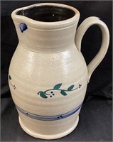 1996 ROWE POTTERY BLUE DECORATED PITCHER, 9’’ H