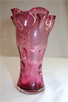 Cranberry glass vase, 4.25 X 7"H