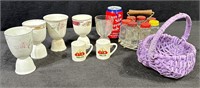 Vintage Egg Cups, Salt & Pepper Shakers Basket Lot