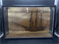 Vintage Glass Framed Box Ship Model