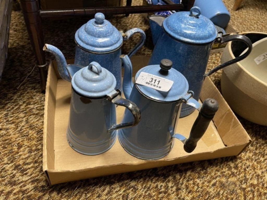 Four Graniteware Teapots