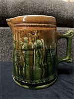 Antique Witch and Tavern Glazed Ceramic Pitcher