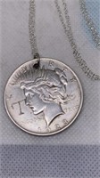 1923 Peace silver dollar on silver tone chain