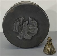 Sewing Tin w/Pewter Medallion & Brass Bell