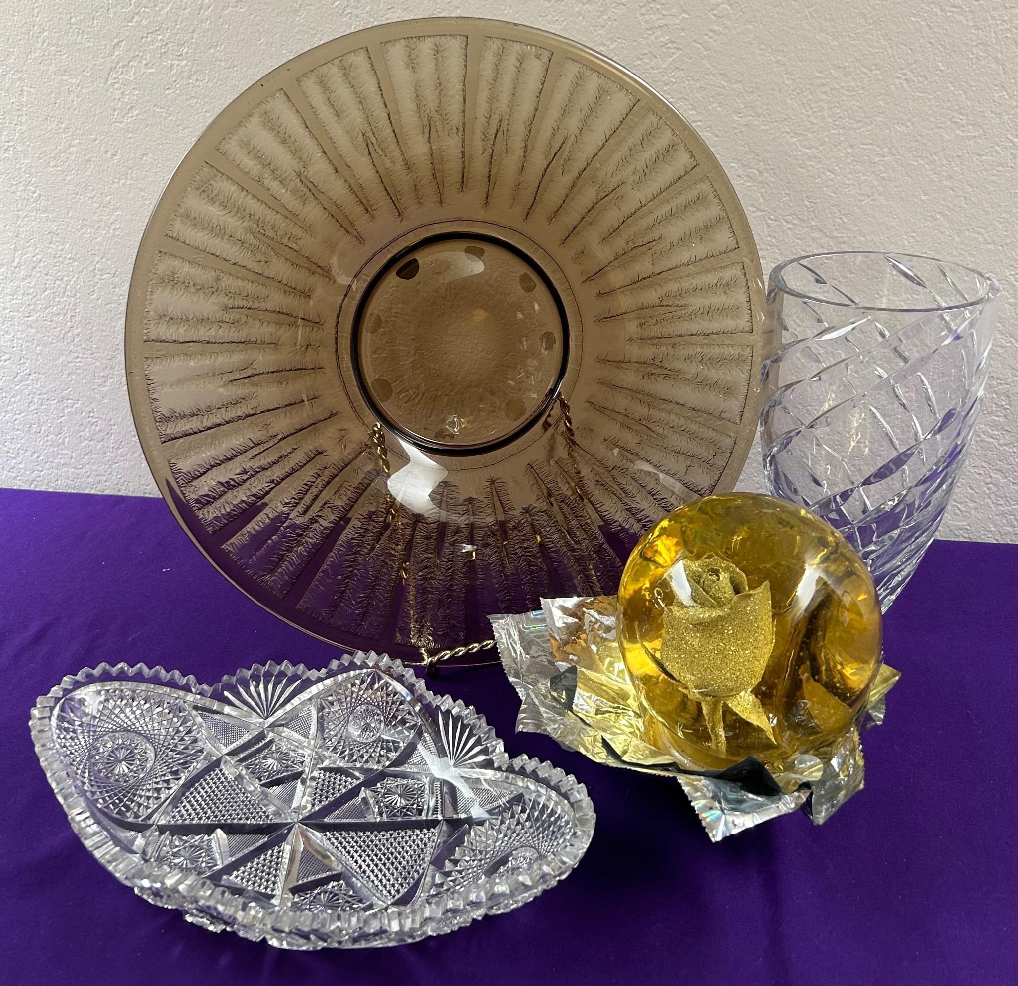 Large Crystal Vase, Glass Serving Platter ++