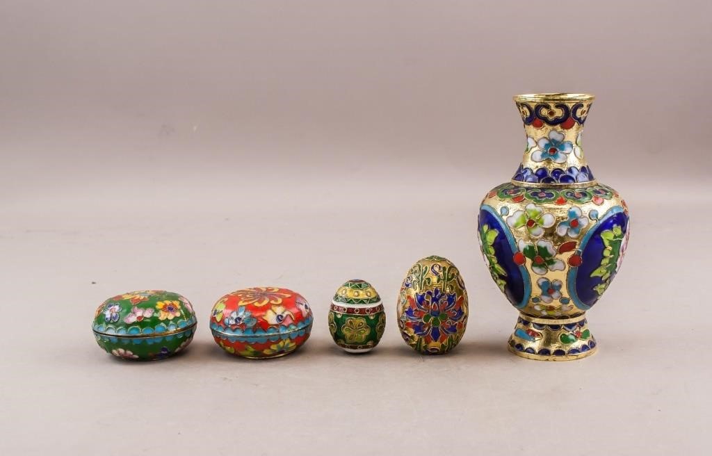 Enamel Brass Vase, Boxes, Eggs 5pc