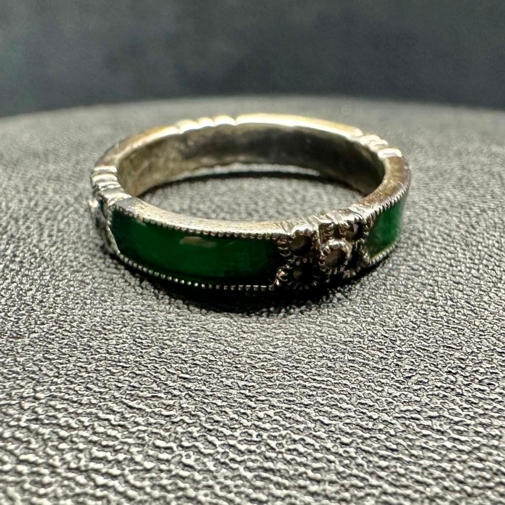 Sterling Marcasite Green Enamel Ring