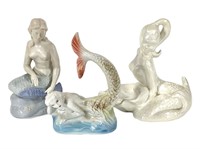 3 Porcelain Ceramic Mermaid Figurines, MCM +